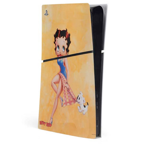 Betty Boop With Puppy Orange Background PS5 Slim Digital Edition Console Skin